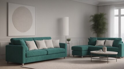 A modern living room with green sofa set, decorative items and other furniture set 3d illustration. An empty wall art frame mock-up template on the wall.