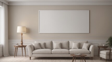 A modern living room with a white sofa set, decorative items and other furniture set 3d illustration. An empty wall art frame mock-up template on the wall.