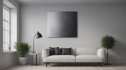 A modern living room with furniture and decorative items 3d illustration. An empty wall art frame mock-up template on the wall.
