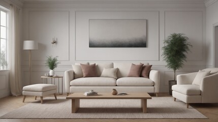 A modern living room with a white sofa set, decorative items and other furniture set 3d illustration. An empty wall art frame mock-up template on the wall.