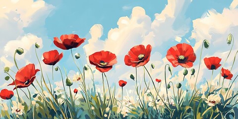 Obraz premium botanical field with red poppy flowers in summer day