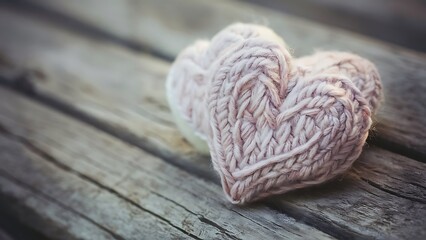 Decorative knitted heart on a wooden background selective focus
