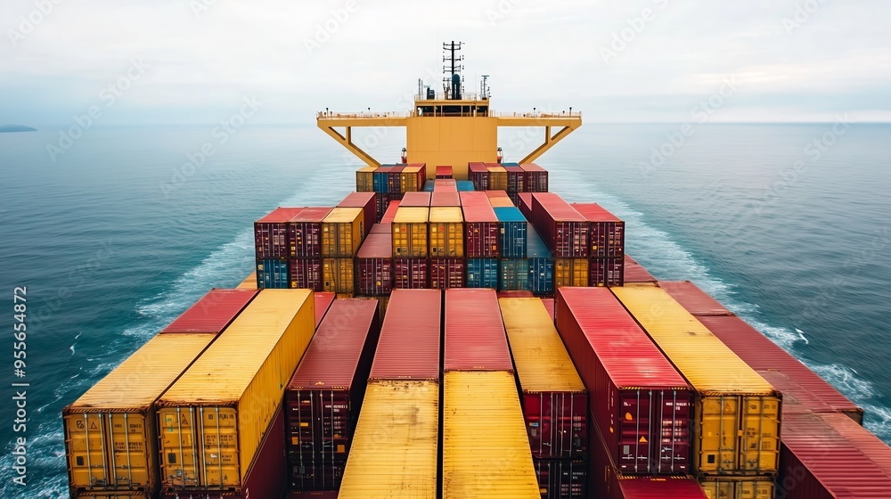 Poster cargo ship navigating through calm waters while transporting colorful containers on a clear day in t
