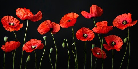 red poppy flowers on black