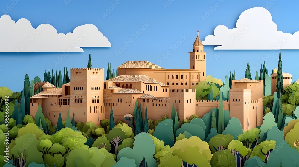 Poster 32. **create a 3d paper cut concept of the alhambra palace with its intricate moorish architecture a