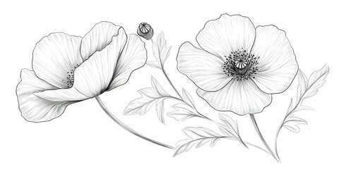 Poppy outline sketch drawing flower plant.