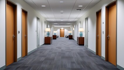 Obraz premium hotel building interior with long hall and doors. Empty office corridor with lamps and glass decorations created with generative ai. 