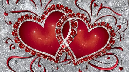 Two red decorative hearts on a glittering silver background