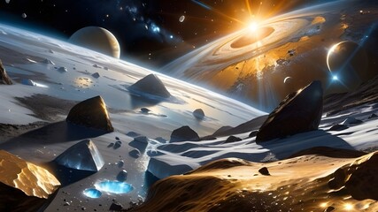 cosmic landscape featuring distant planets, rings, and a glowing sun over a rocky surface in space