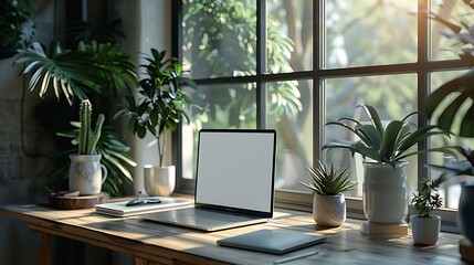 Fototapeta premium Laptop with blank screen on a desk with potted plants by a window with sunlight streaming in.