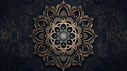 Intricate black and gold mandala design on a dark background. Ornate illustration for wallpaper, poster, or spiritual design
