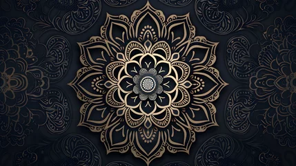 Poster Intricate black and gold mandala design on a dark background. Ornate illustration for wallpaper, poster, or spiritual design