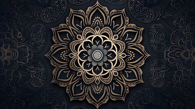 Intricate black and gold mandala design on a dark background. Ornate illustration for wallpaper, poster, or spiritual design