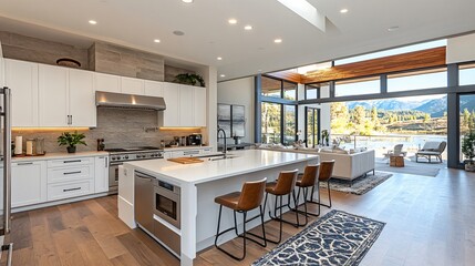 Fototapeta premium Modern open plan kitchen opening onto lake view living room