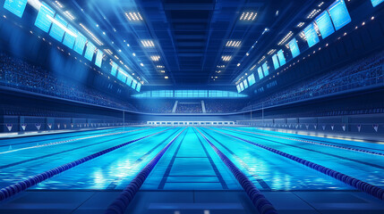 Bright spotlights illuminate an empty olympic swimming pool, ready for competing athletes