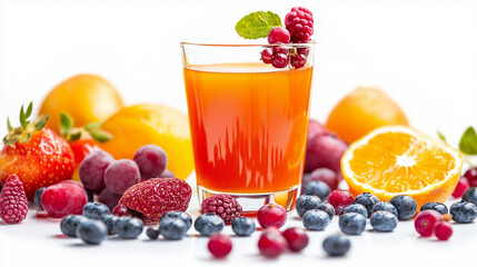 A Picture of a Glass of fresh multivitamin fruit Juice surrounded by juicy Fruits and Berries, on a white Background.