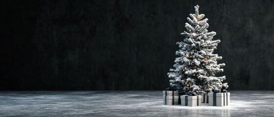 Christmas tree sprayed with snow standing with gift boxes. Black concrete textured wall in background for copy space. Luxury feeling for seasonal greetings.