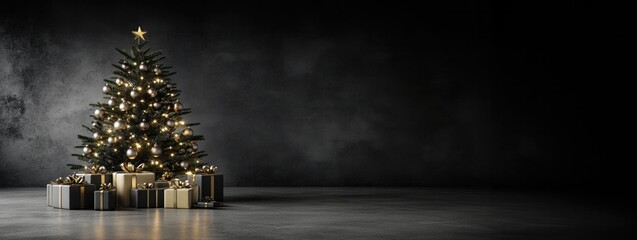 Christmas tree sprayed with snow and golden baubles standing with gift boxes. Black concrete wall in background for copy space. Mystery feeling for seasonal greetings.