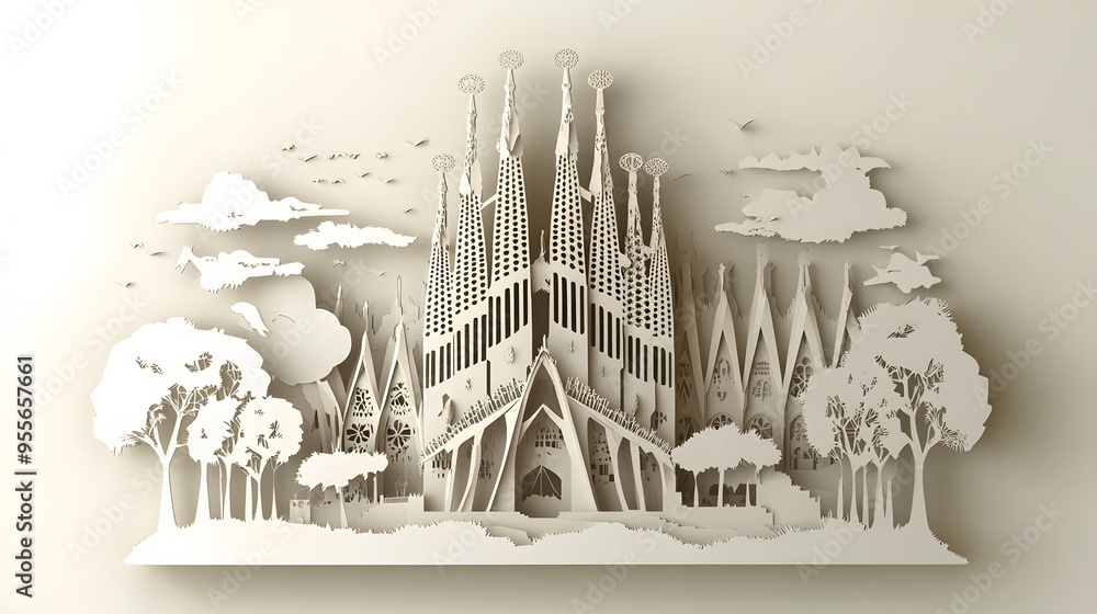 Poster 24. **create a 3d paper cut concept of the sagrada familia in barcelona, focusing on its intricate s