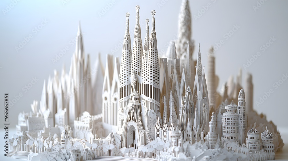 Poster 24. **create a 3d paper cut concept of the sagrada familia in barcelona, focusing on its intricate s