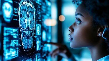 futuristic and innovative healthcare, female doctor studying medical scans 