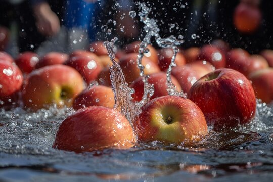 apple bobbing contest. children and adults participating in a traditional apple bobbing contest at the festival, with excited expressions and splashing water, captured in a candid, joyous moment
