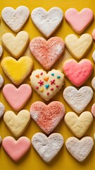 Obraz premium Tasty heart shaped cookies on yellow background