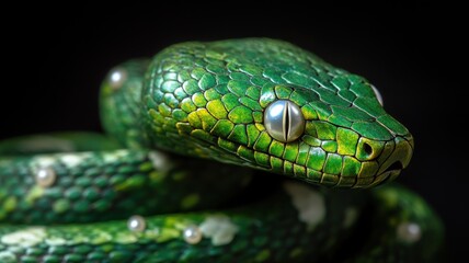 Green wooden snake with intricate design and pearlescent eyes, capturing attention.