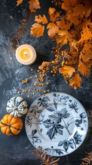 autumn background with pumpkins and leaves.