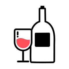 Red wine glass and wine bottle outline. Holiday celebration, event, leisure relaxation concepts. Flat vector design illustration isolated background. 