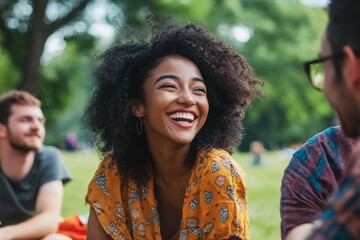 diverse group of friends sharing a joyful moment, smiling and laughing together at a park picnic, highlighting the power of positive interactions and connections