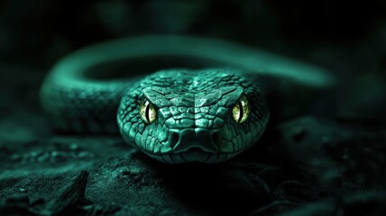 Fototapeta premium Mystical green wooden snake with glowing eyes, creating a sense of mystery.