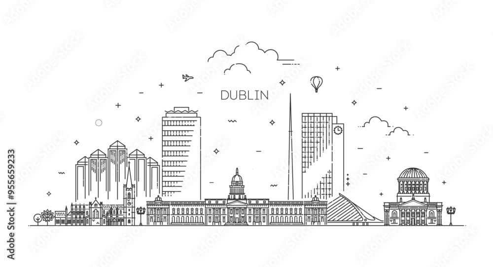 Wall mural city of dublin, ireland architecture line skyline illustration