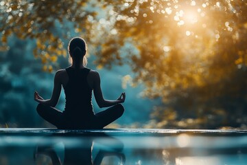 mindfulness - woman meditating in a serene outdoor setting, surrounded by nature with a calm and peaceful expression, emphasizing tranquility and positive thinking