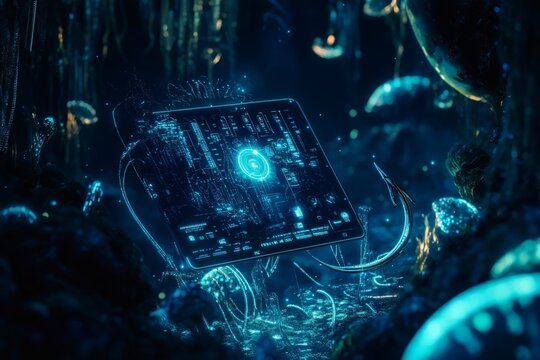 A stunning glimpse into a futuristic world. This digital landscape showcases glowing technology among ethereal creatures. Perfect for sci-fi and tech enthusiasts. Generative AI