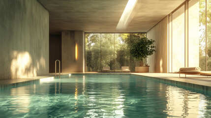 Minimalist indoor swimming pool bathed in sunlight and surrounded by modern architecture and lush...