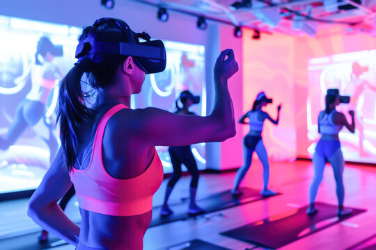 High-Tech Fitness Studio, Instructors leading virtual fitness classes in high-tech environments