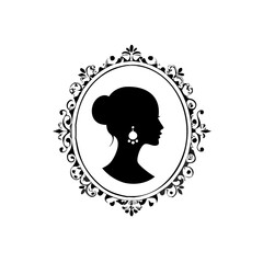 Woman face with a white small earring silhouette in an oval floral frame. Lady profile with retro hairstyle, 