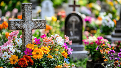 Vibrant cemetery in autumn with colorful flowers and gravestones.