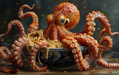 Fototapeta premium A whole octopus cooked and served in a bowl of noodles with steam rising from the dish.