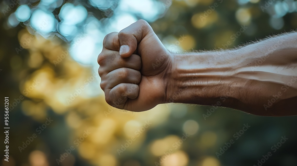 Poster a side view of an arm with a clenched fist, the bicep bulging as the muscle is engaged. the backgrou