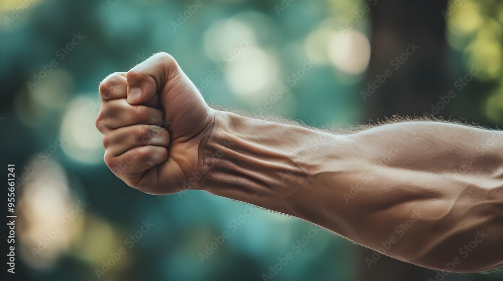Poster a side view of an arm with a clenched fist, the bicep bulging as the muscle is engaged. the backgrou
