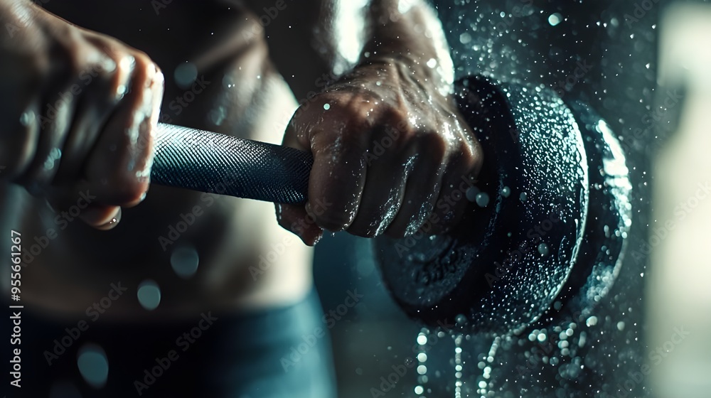 Poster an action shot of a person lifting a dumbbell, focusing on the bicep as it contracts.