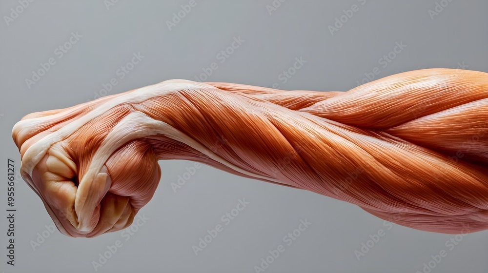 Poster a macro shot of a well defined tricep as the arm is extended in a push-up position.