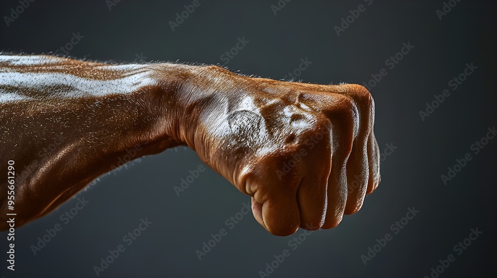 Poster A macro shot of a well defined tricep as the arm is extended in a push-up position.