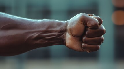 Fototapeta premium A side view of an arm with a clenched fist, the bicep bulging as the muscle is engaged.