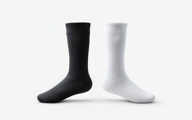 An image displaying two socks standing upright side by side on a light, neutral background. The sock on the left is black, and the sock on the right is white