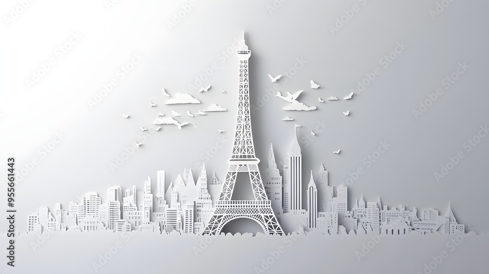 Poster 16. **create a 3d paper cut of the eiffel tower with a parisian skyline backdrop, leaving ample spac