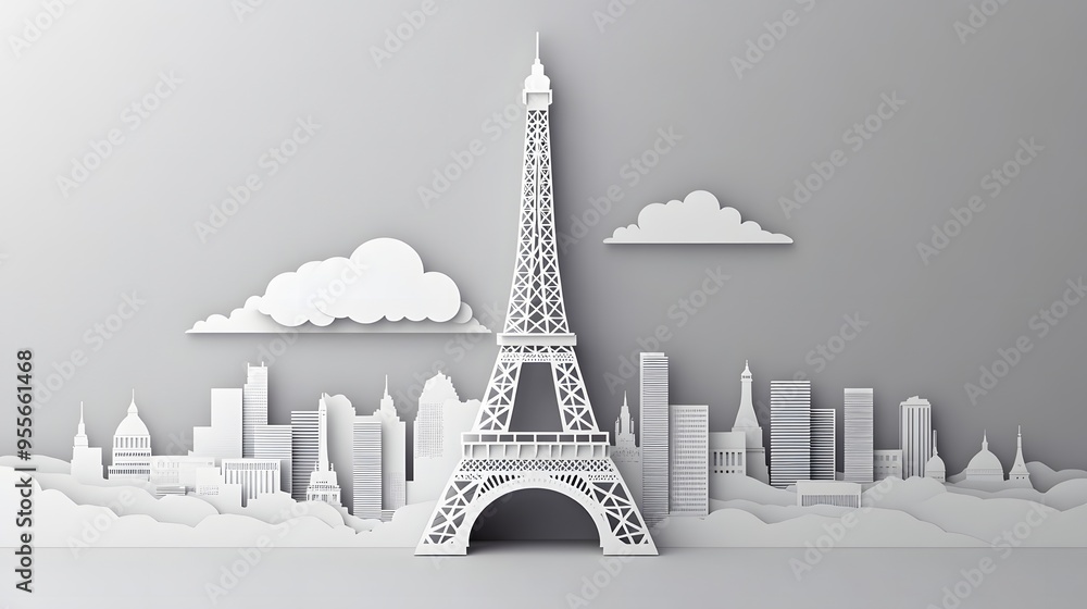 Poster 16. **create a 3d paper cut of the eiffel tower with a parisian skyline backdrop, leaving ample spac