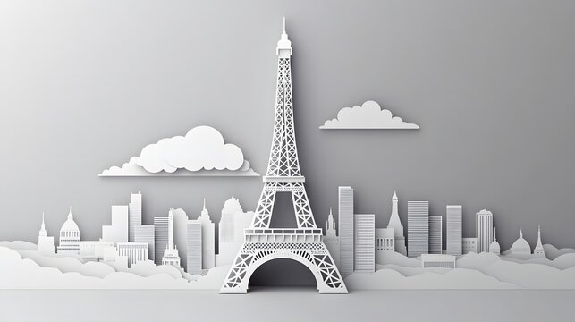 16. **Create a 3D paper cut of the Eiffel Tower with a Parisian skyline backdrop, leaving ample space around the image for text.**